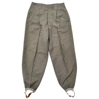 WWII-era German Waffen-SS/Wehrmacht M43 gabardine trousers, featuring a classic olive-green hue, pleated front design, buttoned side pockets, tapered legs with integrated stirrups at the cuffs for secure fitting, and belt loops for added functionality.