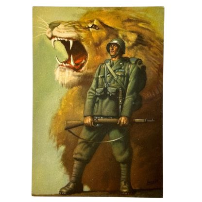 Original WWII Italian fascist propaganda postcard - militaria - lion and soldier