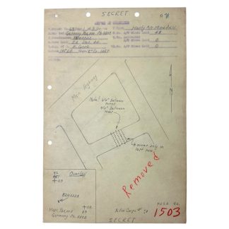 Secret American sketch map of a minefield, drawn on December 24, 1944, in Baugnez during the Battle of the Bulge. The map includes handwritten annotations, such as distances between mines, a main road ('Main Highway'), and an overview of the minefield layout. With military precision, it details coordinates and specifics like the dimensions and arrangement of the mines. The word 'Removed' is marked in red on the document. This historical artifact provides insight into strategic planning during World War II.