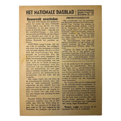 Original WWII Dutch NSB 'Het Nationale Dagblad' death of Roosevelt