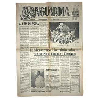 Front page of the Italian fascist newspaper 'Avanguardia,' the official weekly publication of the Italian SS Legion, dated Saturday, May 27, 1944. The newspaper features propaganda articles against Freemasonry, criticism of Allied leaders such as Churchill and Roosevelt, and a portrait of General Wolff. At the top, the slogan 'Our honor is loyalty' is displayed, alongside an illustration with anti-Semitic and fascist themes mocking the Allied efforts.