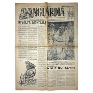 Front page of the Italian fascist newspaper 'Avanguardia,' the official weekly publication of the Italian SS Legion, dated Saturday, January 6, 1945. The headline reads 'Rivolta Mondiale' ('World Revolt'), with articles discussing global conflicts, fascist ideology, and anti-Allied sentiments. The page features propaganda illustrations, including caricatures mocking Allied leaders and symbols, and a depiction of 'La vecchia Befana' (the old witch), a figure used to symbolize the state of the enemies of Fascism. The slogan 'Our honor is loyalty' is prominently displayed at the top.