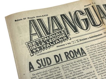 Front page of the Italian fascist newspaper 'Avanguardia,' the official weekly publication of the Italian SS Legion, dated Saturday, May 27, 1944. The newspaper features propaganda articles against Freemasonry, criticism of Allied leaders such as Churchill and Roosevelt, and a portrait of General Wolff. At the top, the slogan 'Our honor is loyalty' is displayed, alongside an illustration with anti-Semitic and fascist themes mocking the Allied efforts.