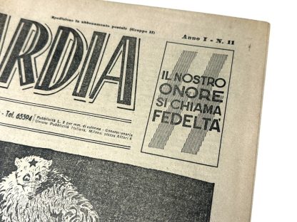 Front page of the Italian fascist newspaper 'Avanguardia,' the official weekly publication of the Italian SS Legion, dated Saturday, May 27, 1944. The newspaper features propaganda articles against Freemasonry, criticism of Allied leaders such as Churchill and Roosevelt, and a portrait of General Wolff. At the top, the slogan 'Our honor is loyalty' is displayed, alongside an illustration with anti-Semitic and fascist themes mocking the Allied efforts.