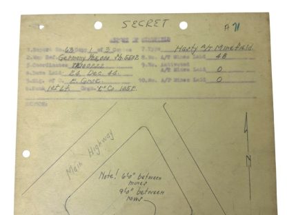 Geheime Amerikaanse schetskaart van een mijnenveld, getekend op 24 december 1944 in Baugnez tijdens het Ardennen Offensief. De kaart bevat handgeschreven annotaties, waaronder afstanden tussen mijnen, een hoofdweg ('Main Highway'), en een overzicht van het geplaatste mijnenveld. Met militaire precisie worden locatiecoördinaten en details zoals de afmetingen en de opstelling van de mijnen weergegeven. De tekst 'Removed' is rood gemarkeerd op het document. Dit historische document biedt inzicht in de strategische planning tijdens de Tweede Wereldoorlog.