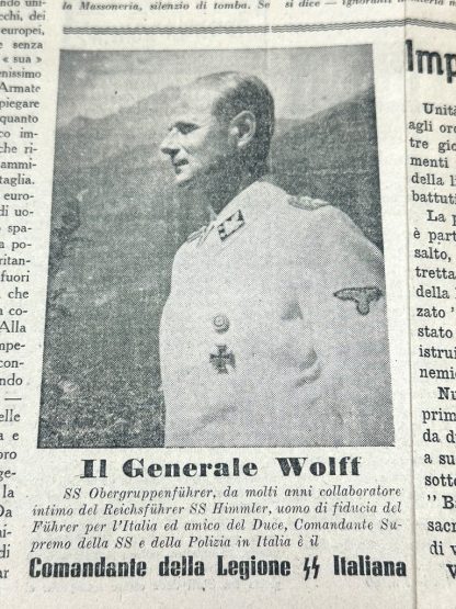 Front page of the Italian fascist newspaper 'Avanguardia,' the official weekly publication of the Italian SS Legion, dated Saturday, May 27, 1944. The newspaper features propaganda articles against Freemasonry, criticism of Allied leaders such as Churchill and Roosevelt, and a portrait of General Wolff. At the top, the slogan 'Our honor is loyalty' is displayed, alongside an illustration with anti-Semitic and fascist themes mocking the Allied efforts.