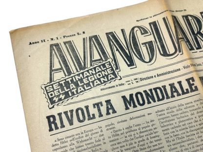 Front page of the Italian fascist newspaper 'Avanguardia,' the official weekly publication of the Italian SS Legion, dated Saturday, January 6, 1945. The headline reads 'Rivolta Mondiale' ('World Revolt'), with articles discussing global conflicts, fascist ideology, and anti-Allied sentiments. The page features propaganda illustrations, including caricatures mocking Allied leaders and symbols, and a depiction of 'La vecchia Befana' (the old witch), a figure used to symbolize the state of the enemies of Fascism. The slogan 'Our honor is loyalty' is prominently displayed at the top.