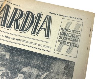 Front page of the Italian fascist newspaper 'Avanguardia,' the official weekly publication of the Italian SS Legion, dated Saturday, January 6, 1945. The headline reads 'Rivolta Mondiale' ('World Revolt'), with articles discussing global conflicts, fascist ideology, and anti-Allied sentiments. The page features propaganda illustrations, including caricatures mocking Allied leaders and symbols, and a depiction of 'La vecchia Befana' (the old witch), a figure used to symbolize the state of the enemies of Fascism. The slogan 'Our honor is loyalty' is prominently displayed at the top.