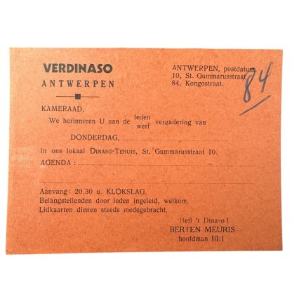 Original WWII Flemish Verdinaso meeting invitation card Antwerpen