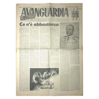 Original Italian Waffen-SS newspaper Avanguardia from 1944 featuring propaganda texts, a portrait of a military leader, and illustrations. Historical document from World War II.