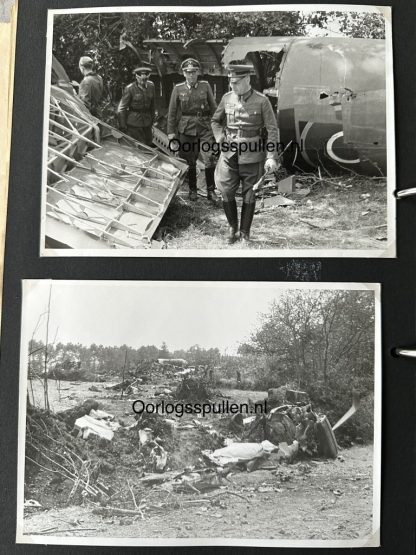 Black-and-white photograph of Field Marshal Erwin Rommel walking through a wooded area near the wreckage of a destroyed British glider during D-Day, wearing a military uniform with a peaked cap and boots. The scene depicts a moment of inspection or reconnaissance during World War II.