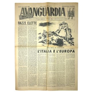 An original Italian World War II newspaper titled 'Avanguardia,' published on February 24, 1945. The weekly publication of the Italian Legion features propagandistic headlines such as 'Razze Elette' (Chosen Races) and 'L’Italia e l’Europa' (Italy and Europe). The front page includes a large illustration emphasizing fascist and racist ideology. This document reflects the propagandistic style of the Italian Social Republic during the final months of the war.