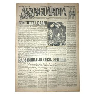 An Italian newspaper from World War II titled 'Avanguardia,' a weekly publication of the Italian Legion. Dated October 20, 1944, it features headlines such as 'Con Tutte le Armi' (With All Weapons) and 'Rassicuriamo Cecil Sprigge.' The newspaper displays a large illustration of a figure, likely intended as propaganda. The layout consists of long columns of text, emphasizing national loyalty and war efforts in the context of the Italian Social Republic and collaboration with Nazi Germany.