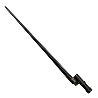 Image of a Russian M91/30 Mosin Nagant bayonet from World War II. The bayonet features a four-sided, cruciform point without cutting edges, made of dark metal. The mounting mechanism at the base is cylindrical, designed to fit securely onto the barrel of the rifle. The bayonet reflects a minimalist and functional design characteristic of Russian military weapons during World War II.