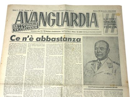 Original Italian Waffen-SS newspaper Avanguardia from 1944 featuring propaganda texts, a portrait of a military leader, and illustrations. Historical document from World War II.