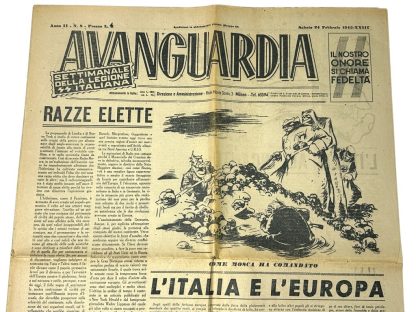 An original Italian World War II newspaper titled 'Avanguardia,' published on February 24, 1945. The weekly publication of the Italian Legion features propagandistic headlines such as 'Razze Elette' (Chosen Races) and 'L’Italia e l’Europa' (Italy and Europe). The front page includes a large illustration emphasizing fascist and racist ideology. This document reflects the propagandistic style of the Italian Social Republic during the final months of the war.