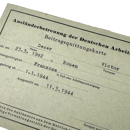 Original WWII German D.A.F. support abroad card - French member from Rouen