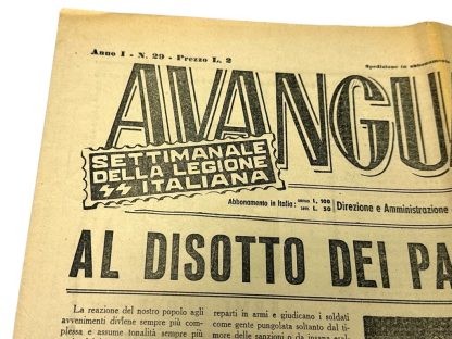 Prima pagina della rara rivista italiana delle Waffen-SS Avanguardia del 1944, con titoli propagandistici, illustrazioni e articoli della Seconda Guerra Mondiale. Un manufatto storico per ricerca e collezione.