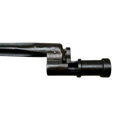 Image of a Russian M91/30 Mosin Nagant bayonet from World War II. The bayonet features a four-sided, cruciform point without cutting edges, made of dark metal. The mounting mechanism at the base is cylindrical, designed to fit securely onto the barrel of the rifle. The bayonet reflects a minimalist and functional design characteristic of Russian military weapons during World War II.