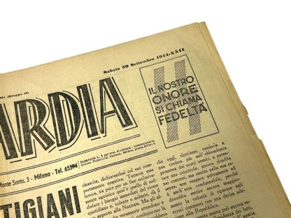 Prima pagina della rara rivista italiana delle Waffen-SS Avanguardia del 1944, con titoli propagandistici, illustrazioni e articoli della Seconda Guerra Mondiale. Un manufatto storico per ricerca e collezione.