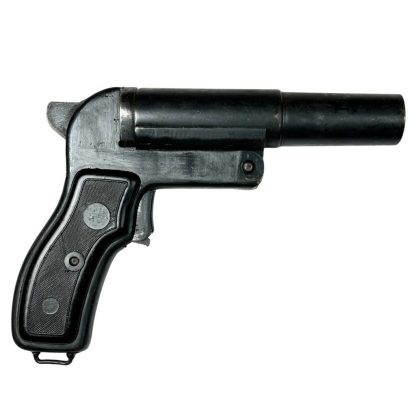 Russian SPSh-44 flare gun from World War II, constructed from black metal with a distinctive cylindrical barrel and ergonomic grip, preserved in original condition as a historical artifact.