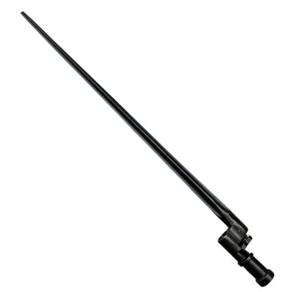 Image of a Russian M91/30 Mosin Nagant bayonet from World War II. The bayonet features a four-sided, cruciform point without cutting edges, made of dark metal. The mounting mechanism at the base is cylindrical, designed to fit securely onto the barrel of the rifle. The bayonet reflects a minimalist and functional design characteristic of Russian military weapons during World War II.