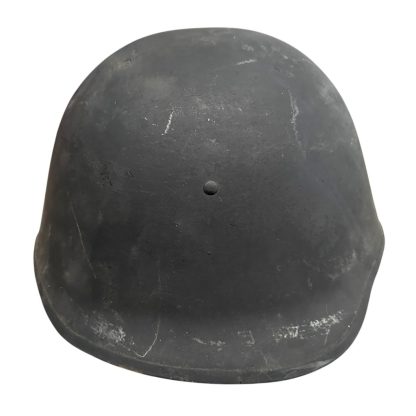 A WWII Danish M23/41 military helmet with a steel construction and a dark gray finish. The design features a rounded crown and a slightly flared brim for added protection. The surface shows light scratches and signs of wear, with a single central rivet visible at the front, indicating its attachment point for the internal liner.