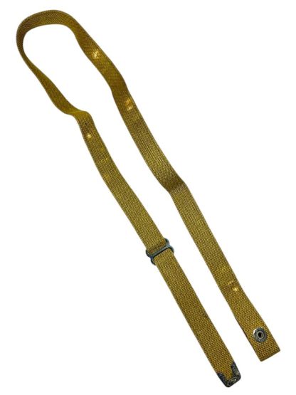 Olive green rifle sling for the American M1 Carbine, used during World War II, featuring a metal buckle and adjustable fastening.