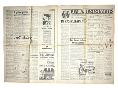 Prima pagina della rara rivista italiana delle Waffen-SS Avanguardia del 1944, con titoli propagandistici, illustrazioni e articoli della Seconda Guerra Mondiale. Un manufatto storico per ricerca e collezione.