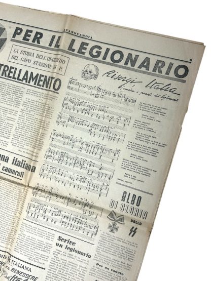 Prima pagina della rara rivista italiana delle Waffen-SS Avanguardia del 1944, con titoli propagandistici, illustrazioni e articoli della Seconda Guerra Mondiale. Un manufatto storico per ricerca e collezione.