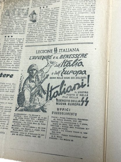 A close-up of a recruitment advertisement in an Italian World War II newspaper. The ad, titled 'Legione SS Italiana,' promotes enlistment in the Italian SS Legion, with the slogan 'L’avvenire e il benessere dell’Italia e dell’Europa sono nelle mani dei soldati!' ('The future and well-being of Italy and Europe are in the hands of the soldiers!'). It encourages Italian men to join the 'Army of the New Europe,' listing recruitment offices in cities such as Milan, Venice, and Verona. The illustration features a soldier pointing forward, symbolizing a call to action.