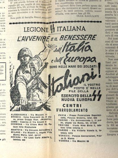 Prima pagina della rara rivista italiana delle Waffen-SS Avanguardia del 1944, con titoli propagandistici, illustrazioni e articoli della Seconda Guerra Mondiale. Un manufatto storico per ricerca e collezione.