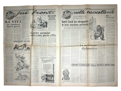 Prima pagina della rara rivista italiana delle Waffen-SS Avanguardia del 1944, con titoli propagandistici, illustrazioni e articoli della Seconda Guerra Mondiale. Un manufatto storico per ricerca e collezione.