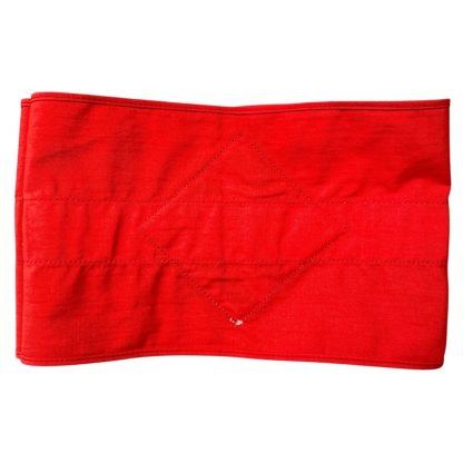 A historical Hitler Youth armband from World War II, made of red cotton with a white central section featuring a black swastika inside a circle.