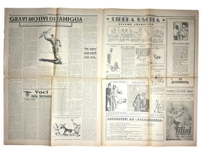 Prima pagina della rara rivista italiana delle Waffen-SS Avanguardia del 1944, con titoli propagandistici, illustrazioni e articoli della Seconda Guerra Mondiale. Un manufatto storico per ricerca e collezione.