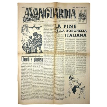 An original Italian World War II newspaper titled 'Avanguardia,' published on January 27, 1945. The weekly publication of the Italian Legion features propagandistic headlines such as 'The End of the Italian Bourgeoisie' and 'Freedom and Justice.' The newspaper includes detailed illustrations and caricatures emphasizing fascist ideology and enemy imagery. This document reflects the propaganda style of the Italian Social Republic and its collaboration with Nazi Germany during the final months of the war.