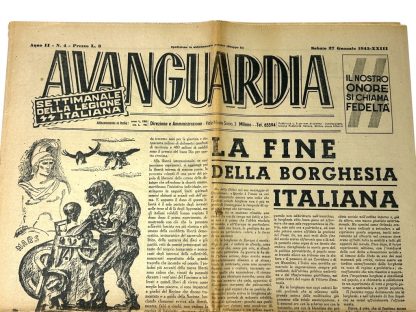 An original Italian World War II newspaper titled 'Avanguardia,' published on January 27, 1945. The weekly publication of the Italian Legion features propagandistic headlines such as 'The End of the Italian Bourgeoisie' and 'Freedom and Justice.' The newspaper includes detailed illustrations and caricatures emphasizing fascist ideology and enemy imagery. This document reflects the propaganda style of the Italian Social Republic and its collaboration with Nazi Germany during the final months of the war.