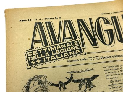 An original Italian World War II newspaper titled 'Avanguardia,' published on January 27, 1945. The weekly publication of the Italian Legion features propagandistic headlines such as 'The End of the Italian Bourgeoisie' and 'Freedom and Justice.' The newspaper includes detailed illustrations and caricatures emphasizing fascist ideology and enemy imagery. This document reflects the propaganda style of the Italian Social Republic and its collaboration with Nazi Germany during the final months of the war.