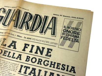 An original Italian World War II newspaper titled 'Avanguardia,' published on January 27, 1945. The weekly publication of the Italian Legion features propagandistic headlines such as 'The End of the Italian Bourgeoisie' and 'Freedom and Justice.' The newspaper includes detailed illustrations and caricatures emphasizing fascist ideology and enemy imagery. This document reflects the propaganda style of the Italian Social Republic and its collaboration with Nazi Germany during the final months of the war.