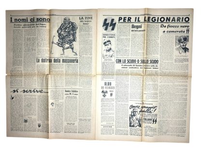 An original Italian World War II newspaper titled 'Avanguardia,' published on January 27, 1945. The weekly publication of the Italian Legion features propagandistic headlines such as 'The End of the Italian Bourgeoisie' and 'Freedom and Justice.' The newspaper includes detailed illustrations and caricatures emphasizing fascist ideology and enemy imagery. This document reflects the propaganda style of the Italian Social Republic and its collaboration with Nazi Germany during the final months of the war.