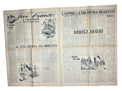 An original Italian World War II newspaper titled 'Avanguardia,' published on January 27, 1945. The weekly publication of the Italian Legion features propagandistic headlines such as 'The End of the Italian Bourgeoisie' and 'Freedom and Justice.' The newspaper includes detailed illustrations and caricatures emphasizing fascist ideology and enemy imagery. This document reflects the propaganda style of the Italian Social Republic and its collaboration with Nazi Germany during the final months of the war.