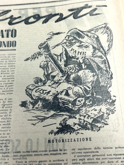 An original Italian World War II newspaper titled 'Avanguardia,' published on January 27, 1945. The weekly publication of the Italian Legion features propagandistic headlines such as 'The End of the Italian Bourgeoisie' and 'Freedom and Justice.' The newspaper includes detailed illustrations and caricatures emphasizing fascist ideology and enemy imagery. This document reflects the propaganda style of the Italian Social Republic and its collaboration with Nazi Germany during the final months of the war.