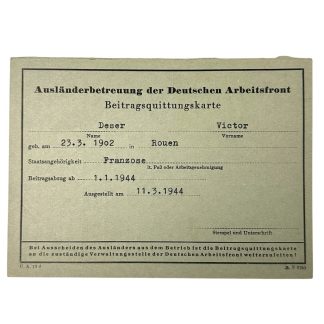 Original WWII German D.A.F. support abroad card - French member from Rouen