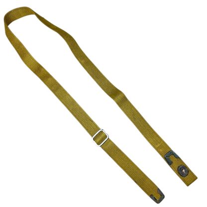 Olive green rifle sling for the American M1 Carbine, used during World War II, featuring a metal buckle and adjustable fastening.