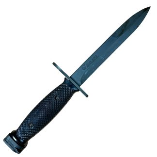 US M7 Colt bayonet from the Vietnam War, manufactured by Colt, featuring a black metal blade and a black plastic handle. Commonly used with the M16 rifle. Authentic military artifact with historical significance.