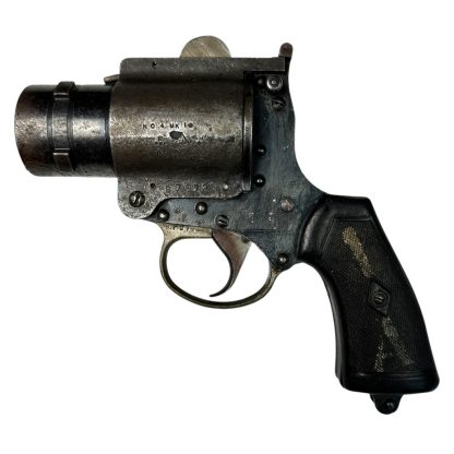 WWII British R.A.F. No. 4 MKI Webley & Scott flare gun, featuring a dark metal construction with a textured grip, short barrel, and clear engraving of the model and manufacturer, used by the Royal Air Force during World War II for signaling purposes.