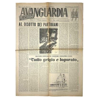 Frontpage of the rare Italian Waffen-SS newspaper Avanguardia from 1944, featuring propaganda headlines, illustrations, and articles from World War II. A historical artifact for research and collection.