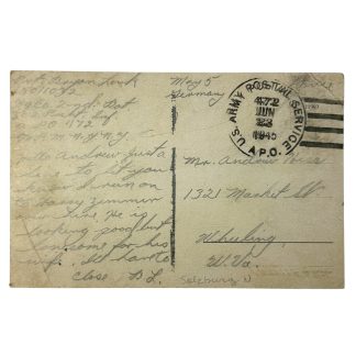 Handwritten postcard from May 1945 sent by a member of the 502nd Parachute Infantry Regiment, featuring a U.S. Army Postal Service postmark dated June 23, 1945, and addressed to a recipient in Wheeling, West Virginia, with references to personal updates and the location Salzburg, Austria.