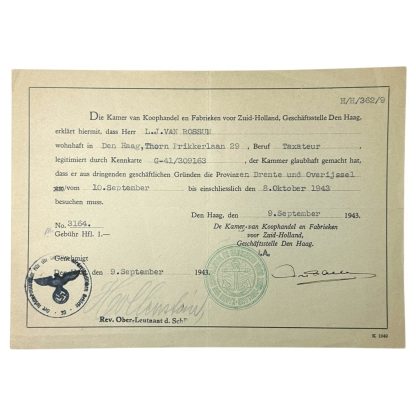 Original WWII German document The Hague resident in 1943