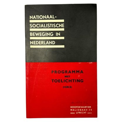 WWII-era brochure for the Nationaal-Socialistische Beweging in Nederland (National Socialist Movement in the Netherlands), featuring a black and red cover design. The title reads 'Programma met Toelichting (1 en 2)' (Program with Explanation, parts 1 and 2). It includes the address of the headquarters: Maliebaan 35, Utrecht, printed in white text at the bottom. The design reflects the propaganda style of the NSB during the Nazi occupation of the Netherlands.